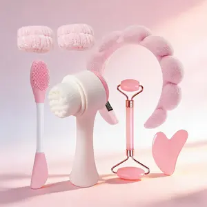 7-Piece Beauty Tool Set, Including Roller Massager and Scraping Board, Silicone Mask Brush, Velvet Headband and 3D Facial Brush, Professional Face Massage and Facial Care Kit, Facial Care Tools