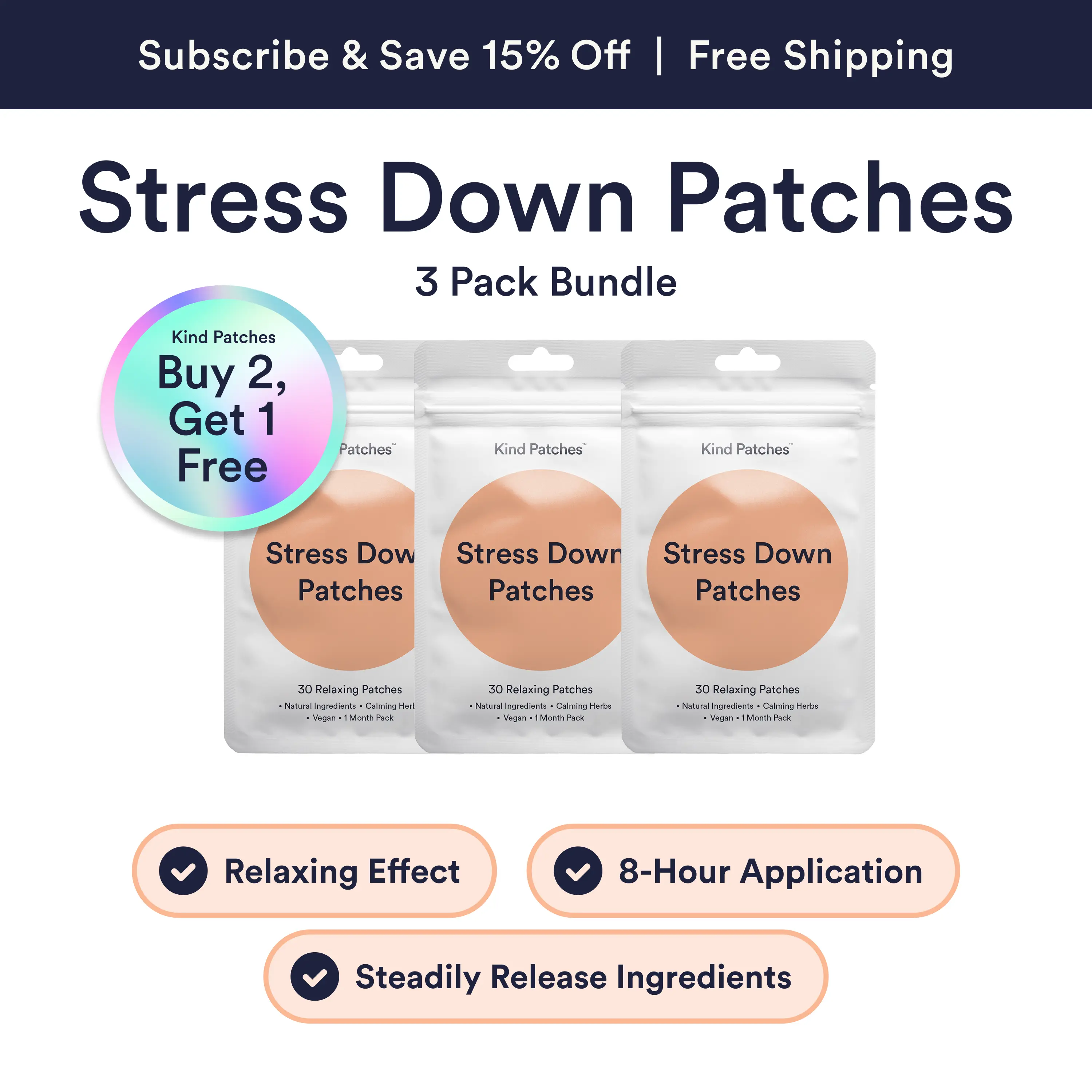 3 Packs of Kind Patches Stress Down Patches, Natural Ingredients, Calming Herbs, Vegan, 3 Months Supply