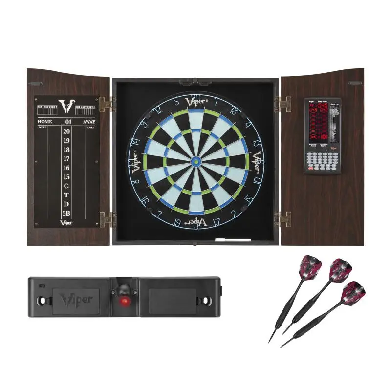 Deluxe Wood Dartboard Cabinet Set in Classic Walnut Finish with Pro Score Electronic Scoreboard, Chroma Sisal Dartboard, Laser Throw Line, and Black Mariah Steel Tip Darts, Cabinets, Score Board, Protection, Styling