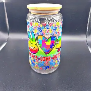 Autism Awareness Peace Love Autism 16 oz Glass Tumbler with Bamboo Lid Stainless Steel Straw & Cleaning Brush