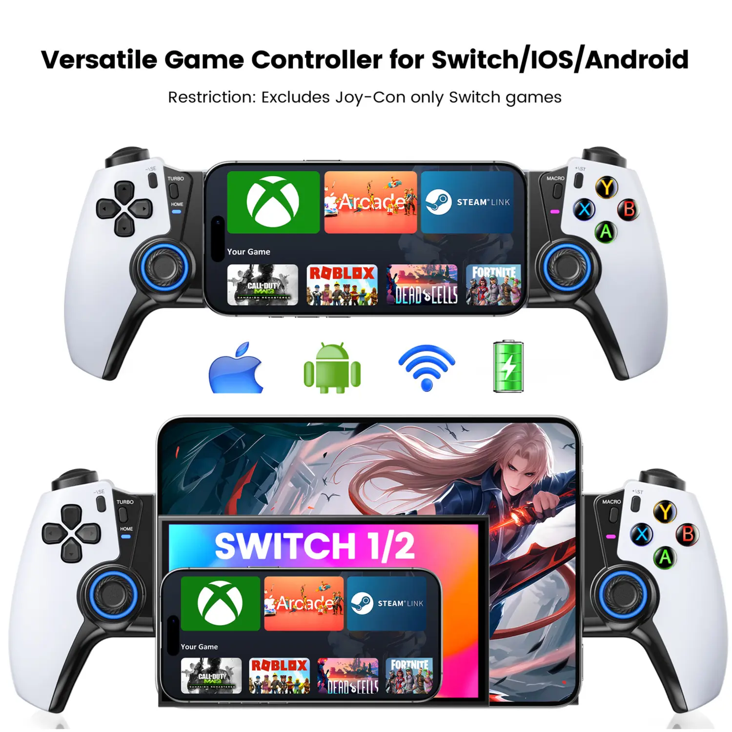 Mobile Gaming Controller for PS Remote Play,Wireless Phone Game Controller for iOS/Android/Switch 1/2/OLED/Xbox/Steam/GeForce Now/MFi Apple Arcade/Roblox,Controller with Hall Effect Joystick