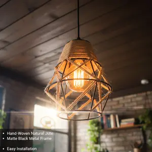 2Pcs Boho Jute Rope Woven Lampshade, Vintage Pendant Light Cover for Home & Cafe Decor