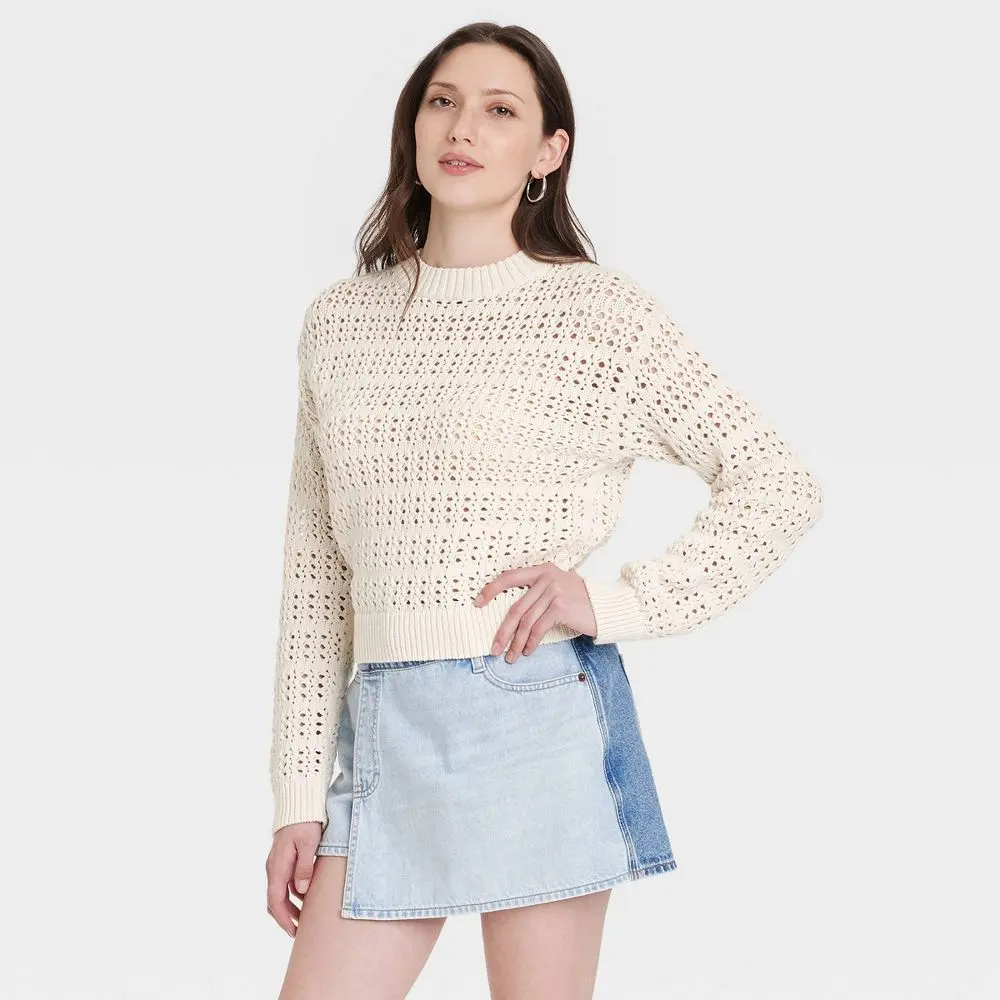 Women's Openwork Crewneck Pullover Sweater - Universal Thread Cream L