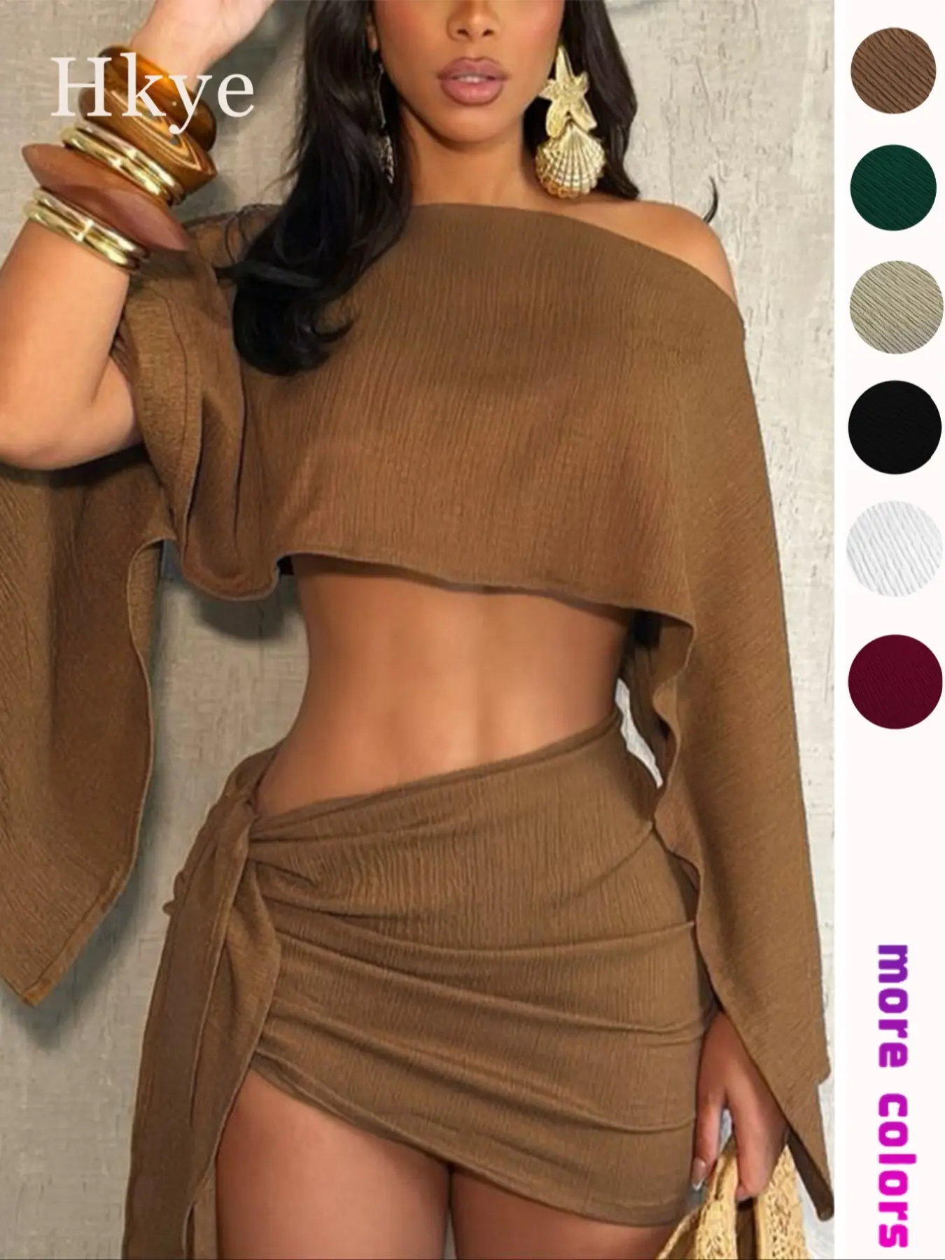 Women's off Shoulder Fitted Two-Piece Set, Asymmetrical Sleeve Cropped Top + Short Side Tie Ruffle Skirt, Party Street Casual Fashion Summer Womenswear