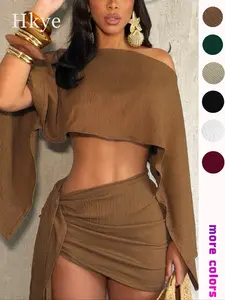 Women's off Shoulder Two-Piece Set, Fitted Knit Asymmetrical Sleeve Top + Side Tie Ruffle Skirt, Party Street Fashion, Womenswear