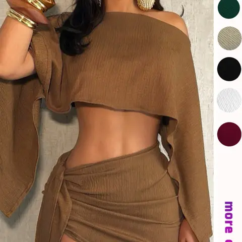 Women's off Shoulder Two-Piece Set, Asymmetrical Sleeve Cropped Top + Short Side Tie Ruffle Skirt, Party Street Casual Fashion Fit Summer Womenswear