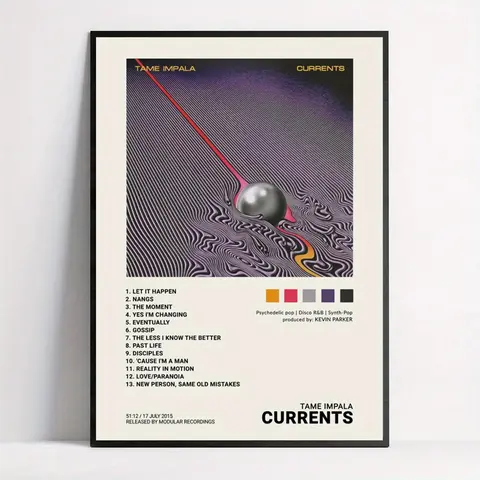 Currents Album Cover Art - Framed Canvas Poster With Tracklist, Vintage & Modern Wall Decor For Living Room, Bedroom, Home Office Photo Decoration Ornaments Artistic Abstract Pattern Print