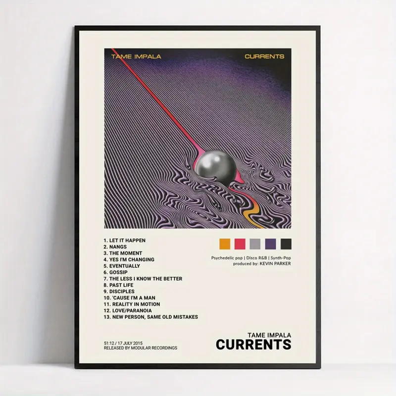 Currents Album Cover Art - Framed Canvas Poster With Tracklist, Vintage & Modern Wall Decor For Living Room, Bedroom, Home Office Photo Decoration Ornaments Artistic Abstract Pattern Print