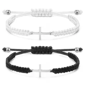 2-pack stainless steel cross bracelets, woven friendship bracelets for men and women, adjustable faith hope blessing jewelry Cross Charm Pendant Tie Knot Cuff