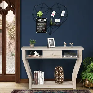 Modern Sofa Accent Table with Storage Drawer, Rectangle End Side Table Nightstand, Wooden Console Table for Entryway Hallway Bedroom Living Room Home Decor, Gray Brown Gray Black Multi Color