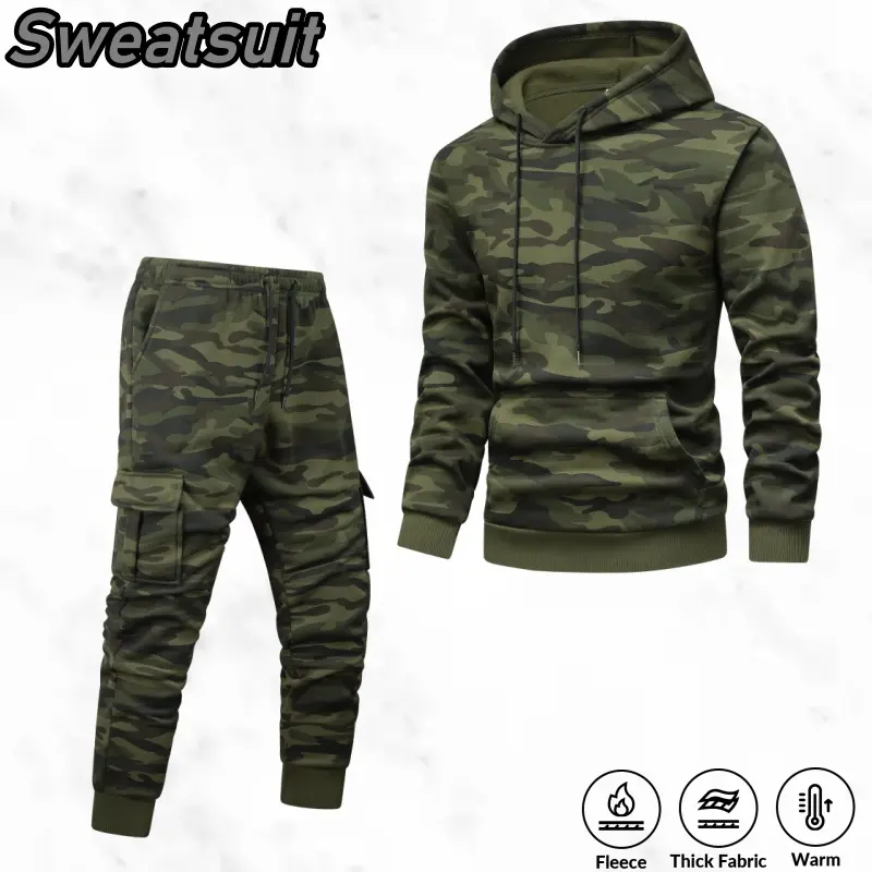 Men's 2-Piece Camouflage Tracksuit Set - Long Sleeve Fleece-Lined Hoodie, Casual Fit Tapered Cargo Pants, Washed-Look Polyester Basics, Drawstring, Sporty Chic Outfit (Do Not Dry Clean), Tracksuit Style, Outfit Inspiration