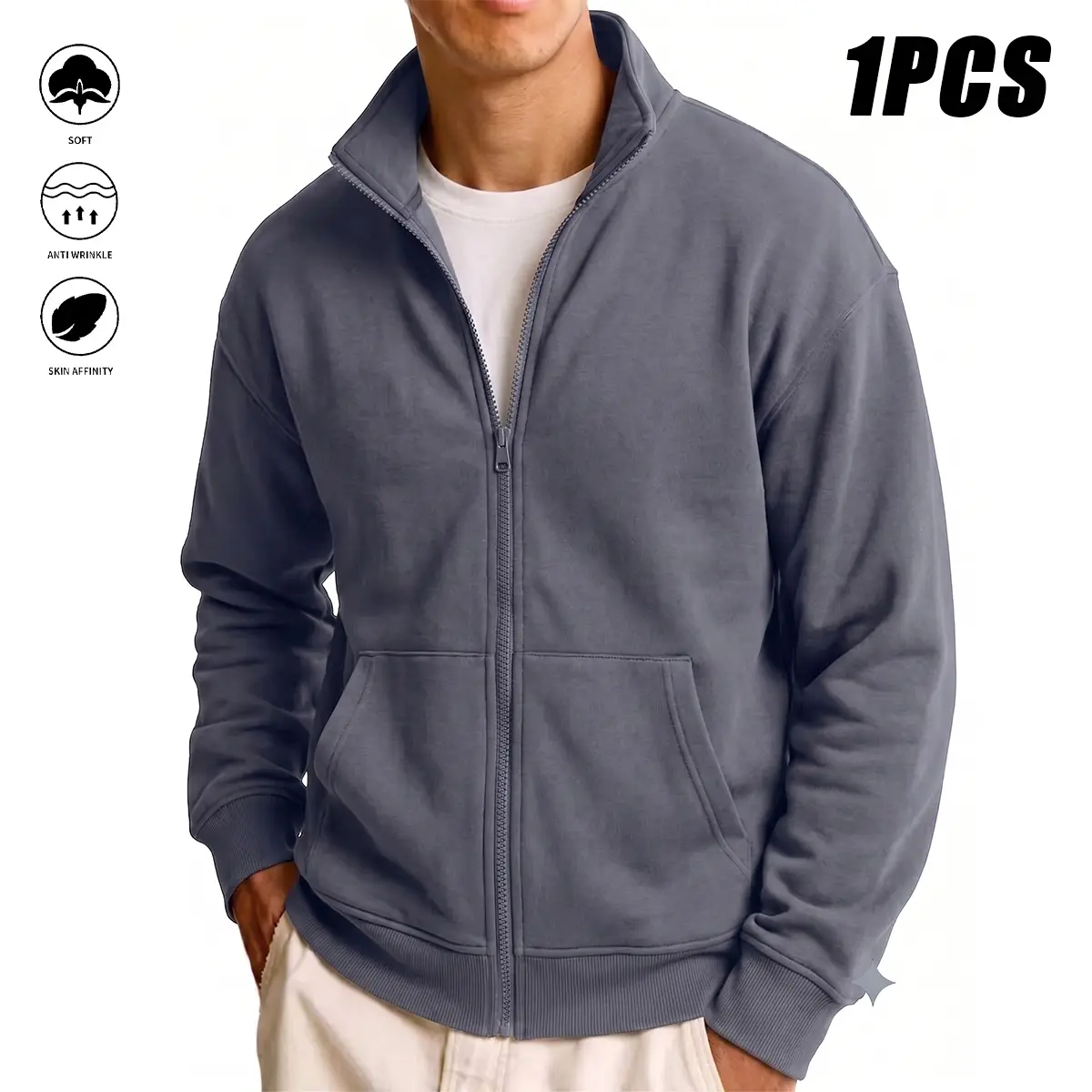 Men's stand-collar zip sweatshirt, kangaroo pocket & full front zipper – for commutes, errands, or weekends – 50% cotton / 50% polyester, soft & warm – cozy, sharp, and effortlessly cool.