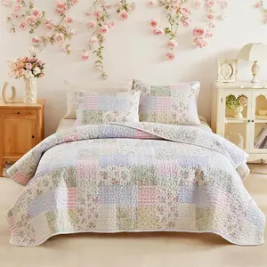 3 Pieces Queen Size Floral Cotton Quilt Set for Girls, Colorful Flowers Grids Patchwork Design, Cozy Lightweight Cotton Quilt Bedspread Bed Cover for All Season 90x90 inches