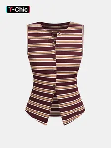 1 Piece Striped Ribbed Sleeveless Single Breasted Button Chic Tank Top, Casual Office Wear