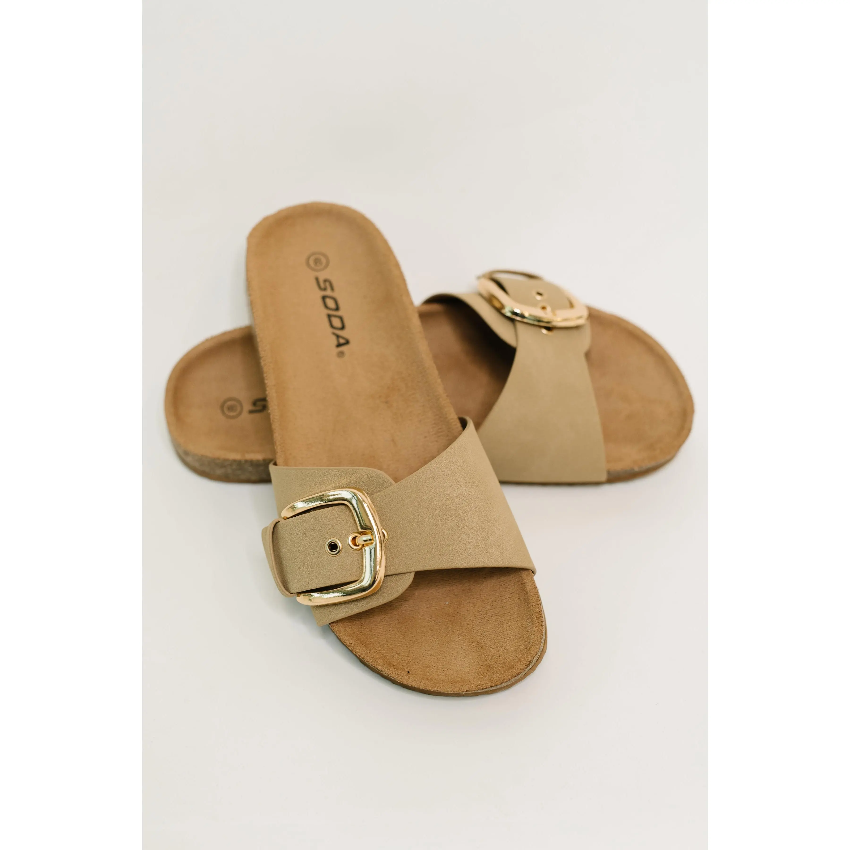 SODA Women's Lizzy Slip-On Open Toed Sandals, PU Nubuck Buckle Strap Slides with a Cushioned Flat Heel for Casual Wear, Strap Closure