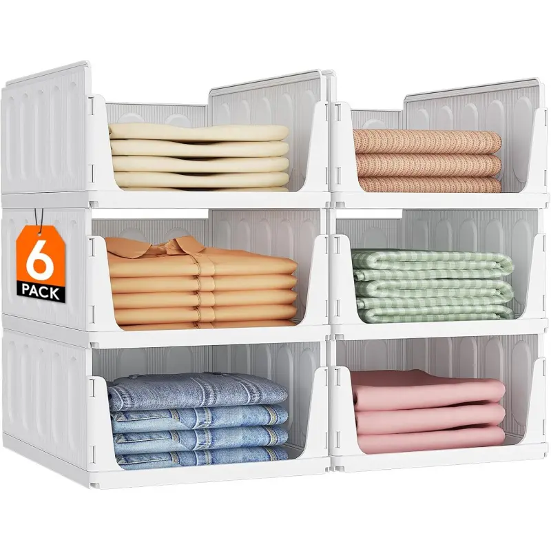 6-Pack Stackable Plastic Closet Storage Bins with Front Panel Design - Storable, Standalone, Stable Stacking Home Organizers for Clothes, Sweaters, Pants (Wardrobe, Pantry Use), Six-Pack, Sliding Design