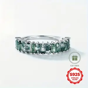 S925 silver women's delicate water grass agate ring, beautiful and noble, set with 2*4mm green moss stone, thick silver platinum plating, total weight 2.17g, suitable for parties, weddings, and anniversary gifts