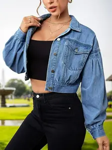 Women's Vintage Aesthetic Fitted Denim Jacket, Long Sleeve Lapel Collar, Front Button Closure, Short Design with Pockets, Casual Fall & Winter Coats Outerwear, Womenswear, Lady