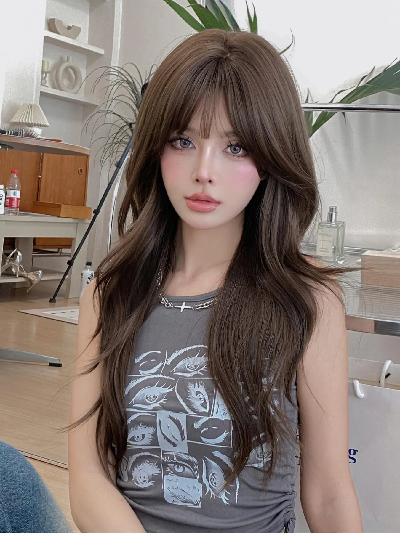 22 Inch Long Wavy Wigs for Women, Gorgeous Fluffy Wigs with Bangs, Synthetic Full Machine Wigs for Party, Daily Use, Fashion Fluffy Wigs