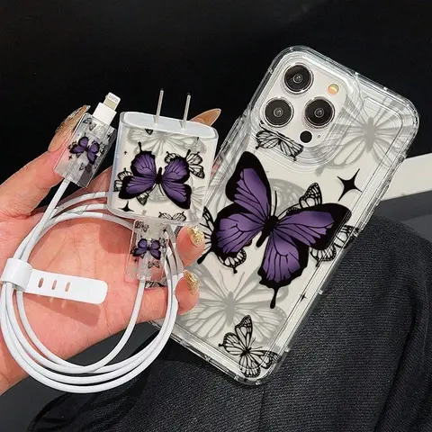 5-Piece Butterfly Phone Case Set with Charger Head Cover, Cable Protectors, and Storage Strap, Tpu Protective Cellphone Casing Compatible with iPhone 6 to 16 Pro Max, Birthday and Christmas Gift for Couples and Teens, Accessories, Smartphone Protector
