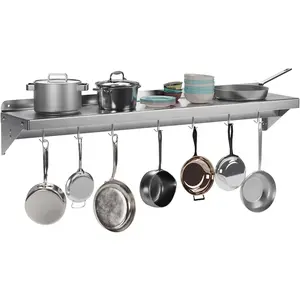 Garvee Stainless Steel Wall Mounted Shelf, 12" x 48" Shelf Pot Rack With Backsplash & 7 Hooks, NSF Certified, Kitchen Metal Organization Storage Rack for Hanging Pots, Pans, Cookware