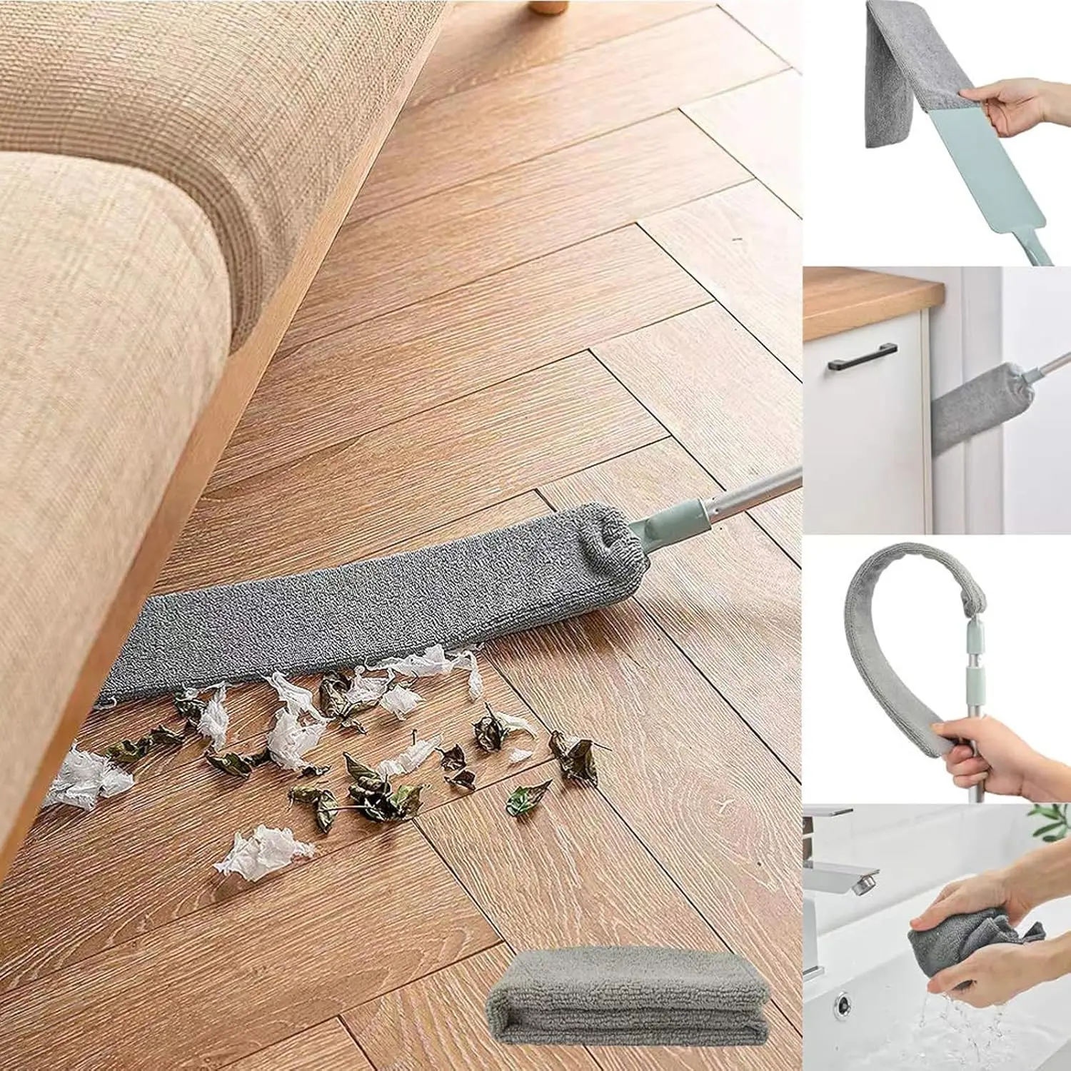 Gray Microfiber Under Appliance Dust Brush with Microfiber Cloth - 40-55 in Extendable Pole, Bendable Washable Gap Duster for Sofa, Furniture Bottom (Wet or Dry Use)