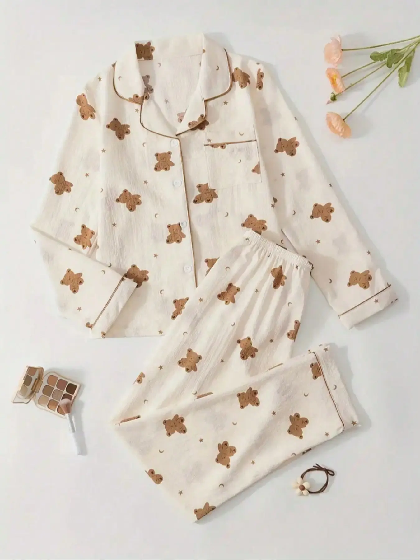 Women's Long Sleeve Pajama Set, Printed Pajama Set, Bear Print Two-Piece Sleepwear, Casual Sleepwear Set, Lady, Comfortable Indoor & Outdoor Loungewear, Spring/autumn/winter Seasons