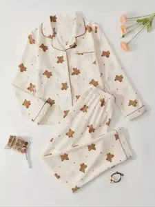 Women's Long Sleeve Pajama Set, Bear Print Two-Piece Sleepwear, Casual Sleepwear Set, Comfortable Indoor & Outdoor Loungewear, Spring/autumn/winter Seasons