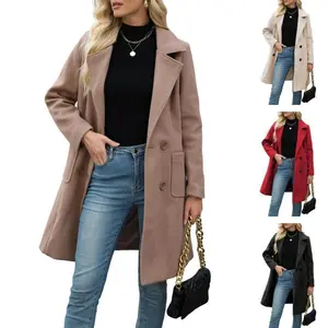 Women's Wool Blend Winter Coat - Camel Double-Breasted Mid-Long Jacket with Notch Lapel - Classic Warm Trench Coat for Cold Weather Womenswear Thick