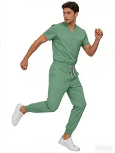 Men's Doctor Hand Brush Set Simple Style V-Neck Short Sleeve Scrubs Set Quick Dry Stretch For Hospital Uniforms