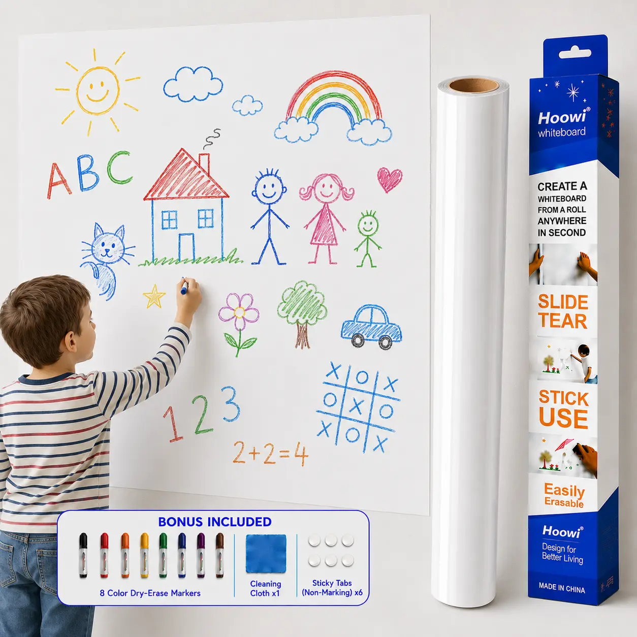 10M Long Static Cling Whiteboard Roll - Reusable Dry Erase Wall Sticker, No Glue White Board Paper for Office, Home, School & Kids Drawing, 8 Markers Included