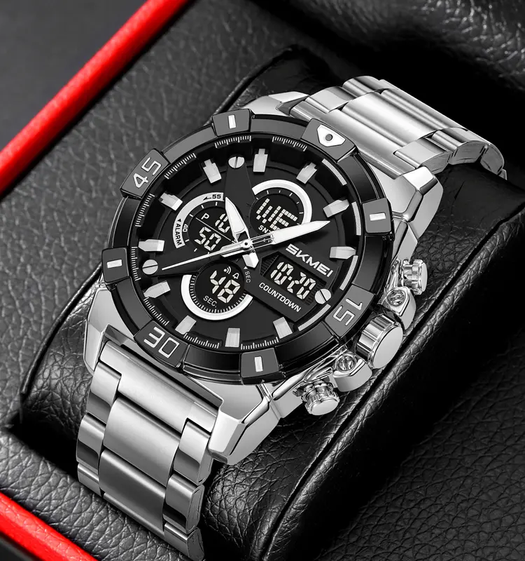 SAPASPUR Tactical Dual-Time Stainless Steel Watch - Black/Silver