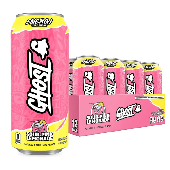 GHOST Energy Drink - 12-Pack, Sour Pink Lemonade, 16oz Cans - Energy & Focus & No Artificial Colors - 200mg of Natural Caffeine, L-Carnitine & Taurine - Gluten-Free & Vegan