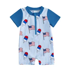 Toddler Baby Little Boy Rash Guard Swimsuit Patriotic Short Sleeve Flag Ice Cream Print Zip Up Bathing Suit Swimwear 3M-7Y