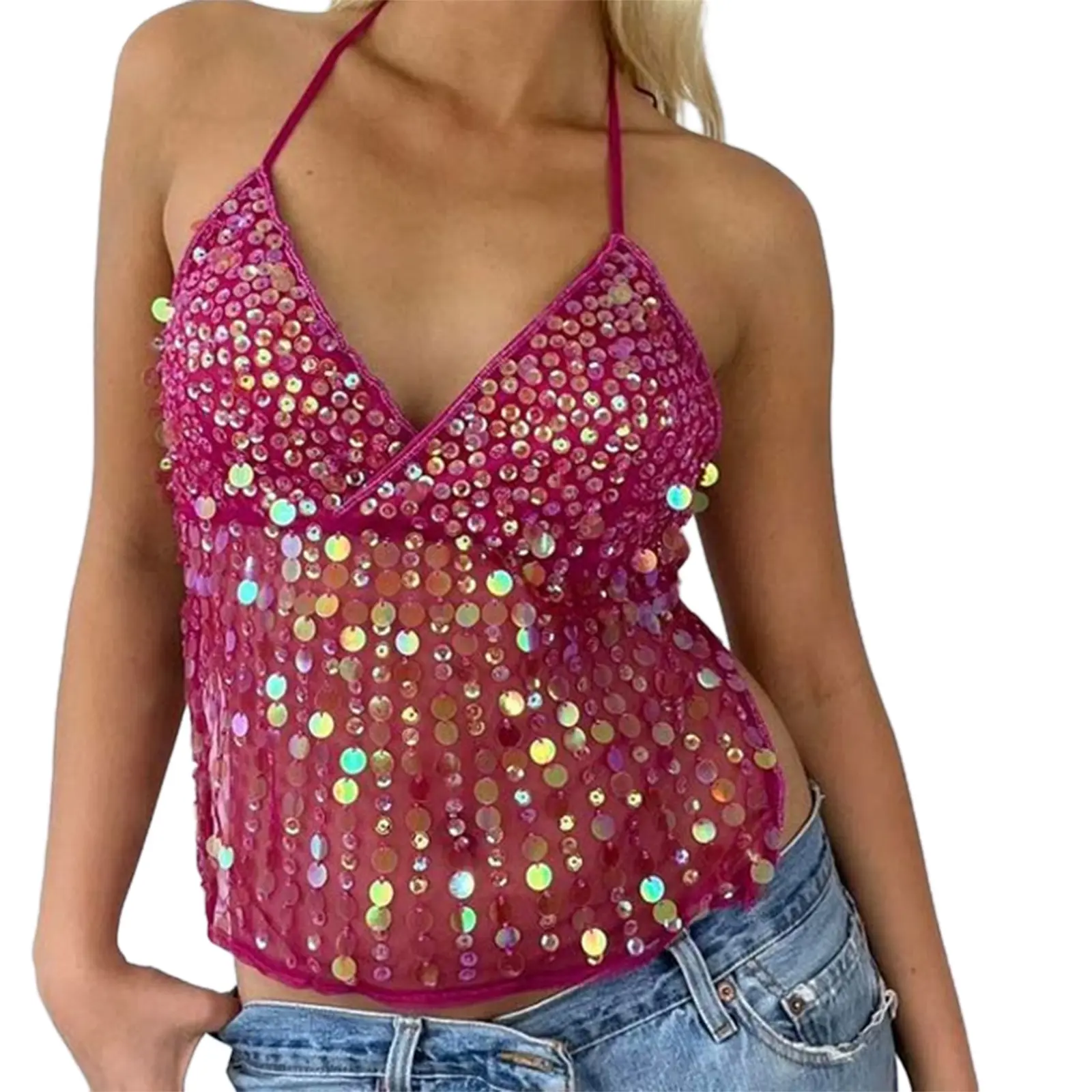 Women's Fitted Shiny Halter Neck Sequin Tank Top - Summer Sleeveless, Backless, Tie-Up, Elastane Fabric with Slight Stretch, Sparkly, Check, Style