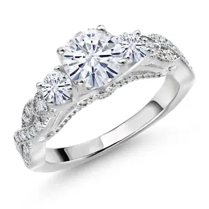 Gem Stone King 1.27 Cttw White Moissanite Ring | Engagement Ring For Women In 925 Sterling Silver | Round 6MM and 3MM | Wedding Engagement Anniversary Promise Ring For Women