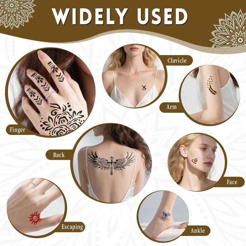 Temporary Tattoo Stencil Kit, 4 Pcs Tattoo Cones 4 Color (Black/Maroon/Cherry Red/Blue) 44 Tattoos Templates and Cotton Swabs, DIY Body Art Skin Painting Designs for Women Men Adult Girl Gifts