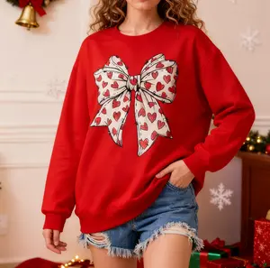 Women's Sweatshirt, Loose and Soft Pullover with Heart Print and Bow Perfect for date nights, girls'gatherings, Valentine's Day, everydaycomfortable and easy to wear, cute vintage pattern, breathable and cozy hoodie Long Sleeve Womenswear Round Neck Tops