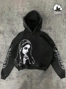 Men's Hooded Sweatshirt with Religious Portrait Print, Fitted Long Sleeve, Vintage Wash Cotton, Trendy Streetwear, Comfortable Casual Fashion, Fitted Hoodie