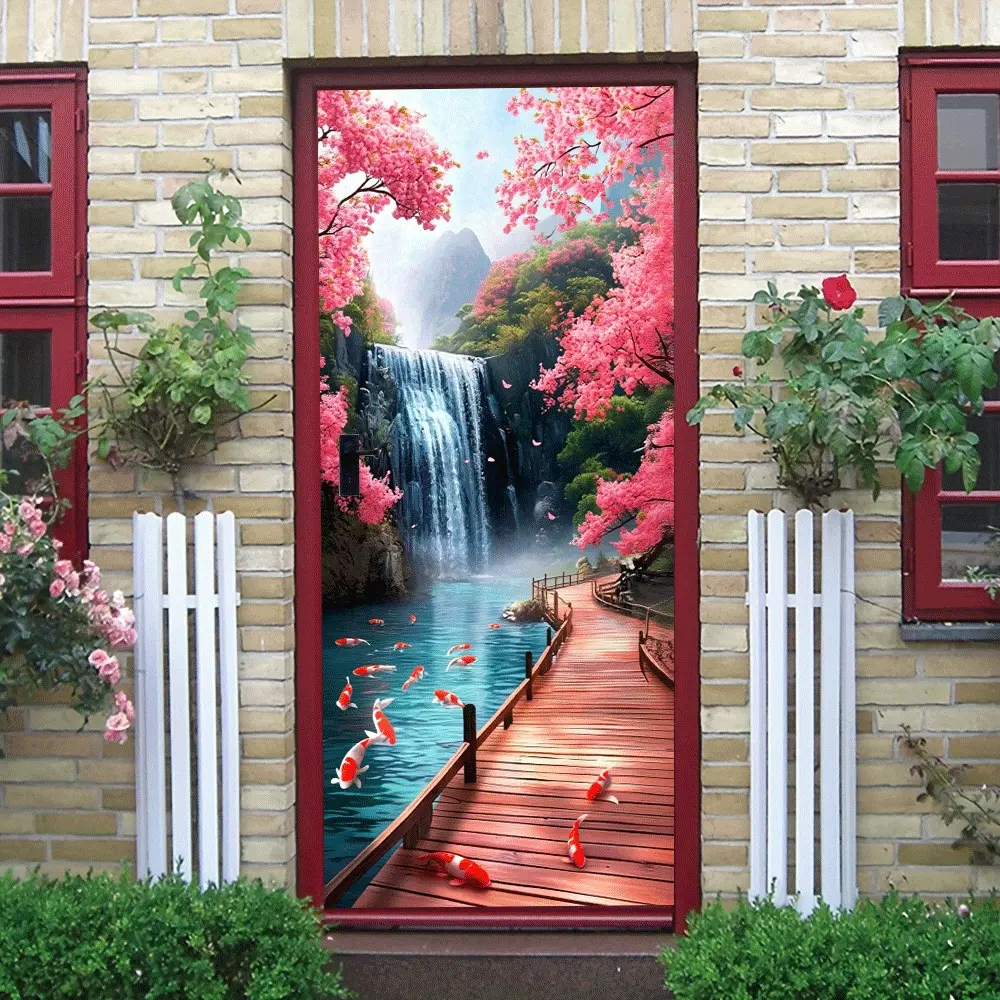 2pcs   Japanese Style Door Sticker Pink Cherry Blossom Waterfall Corridor Wall Decal Living Room Entrance Decorative Sticker Self Adhesive Removable Waterproof Wall Sticker Stereo Landscape Wall Decal