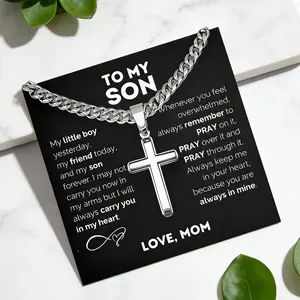 "To My Son" Stainless Steel Cross Pendant Necklace – Inspirational Christian Jewelry with Card & Gift Box – Perfect Birthday, Valentine’s Day & Christmas Gift