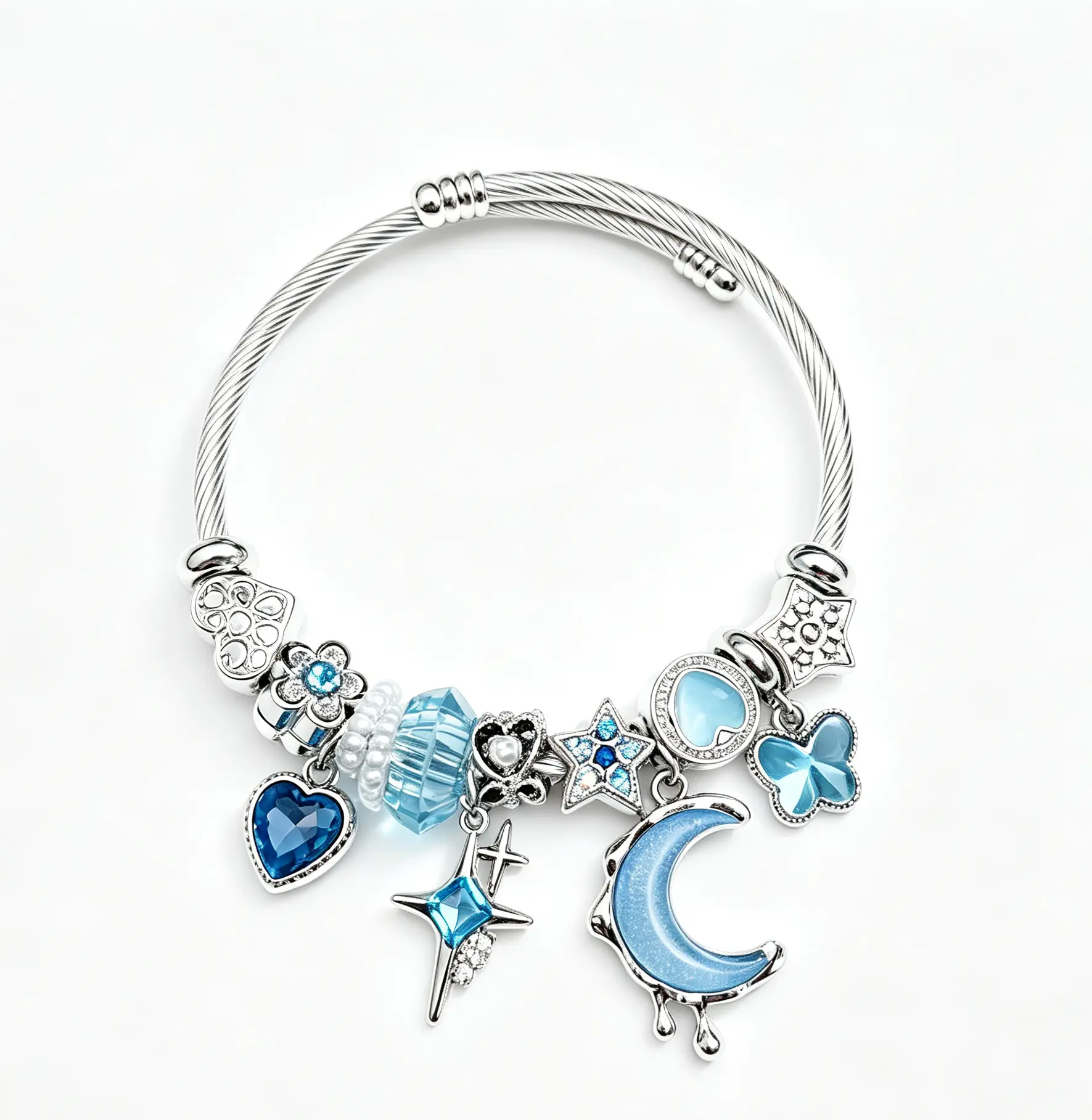Blue Moon Star Charm Bracelet, Adjustable Silver Cable Bangle with Blue Crystal Heart Butterfly Charms, Women Fashion Jewelry Gift