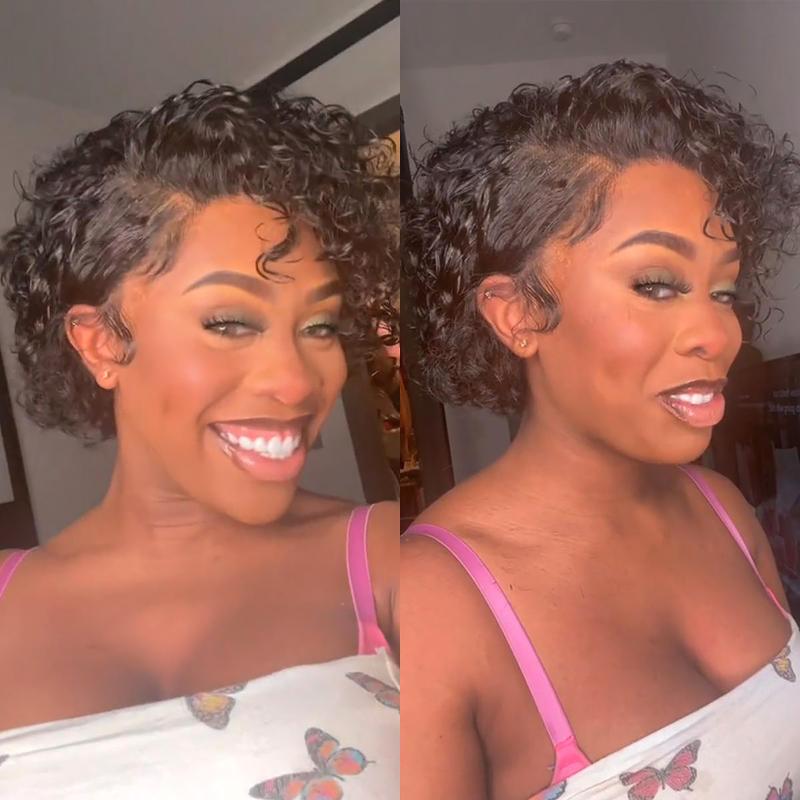 OQHAIR 8 Inch 13x4 Lace Front Pixie Wigs Summer Look Short Curly Wigs Human Hair 180 Density