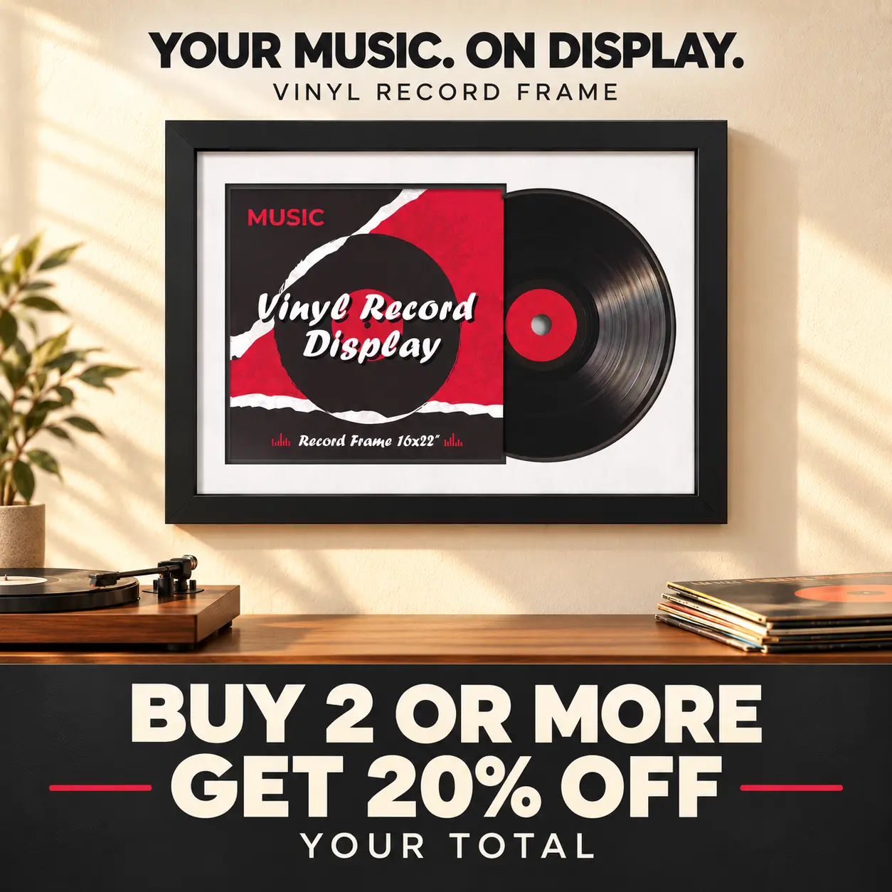 Rectangular Vinyl Record Picture Frame - 16x22 Inch Black Frame with Black/White Mat, Holds 12x12 Inch Albums & Vinyls, Wall-Mount for Music Lovers, Aesthetic Room Decoration