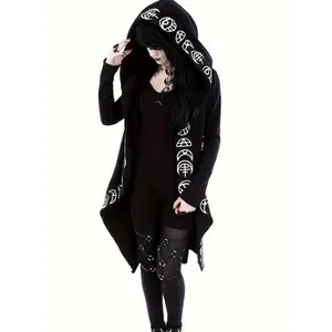 Gothic Witchcraft Pattern Hooded Cardigan for Women, Long Sleeves with Hood Collar Fabric Tops Vintage
