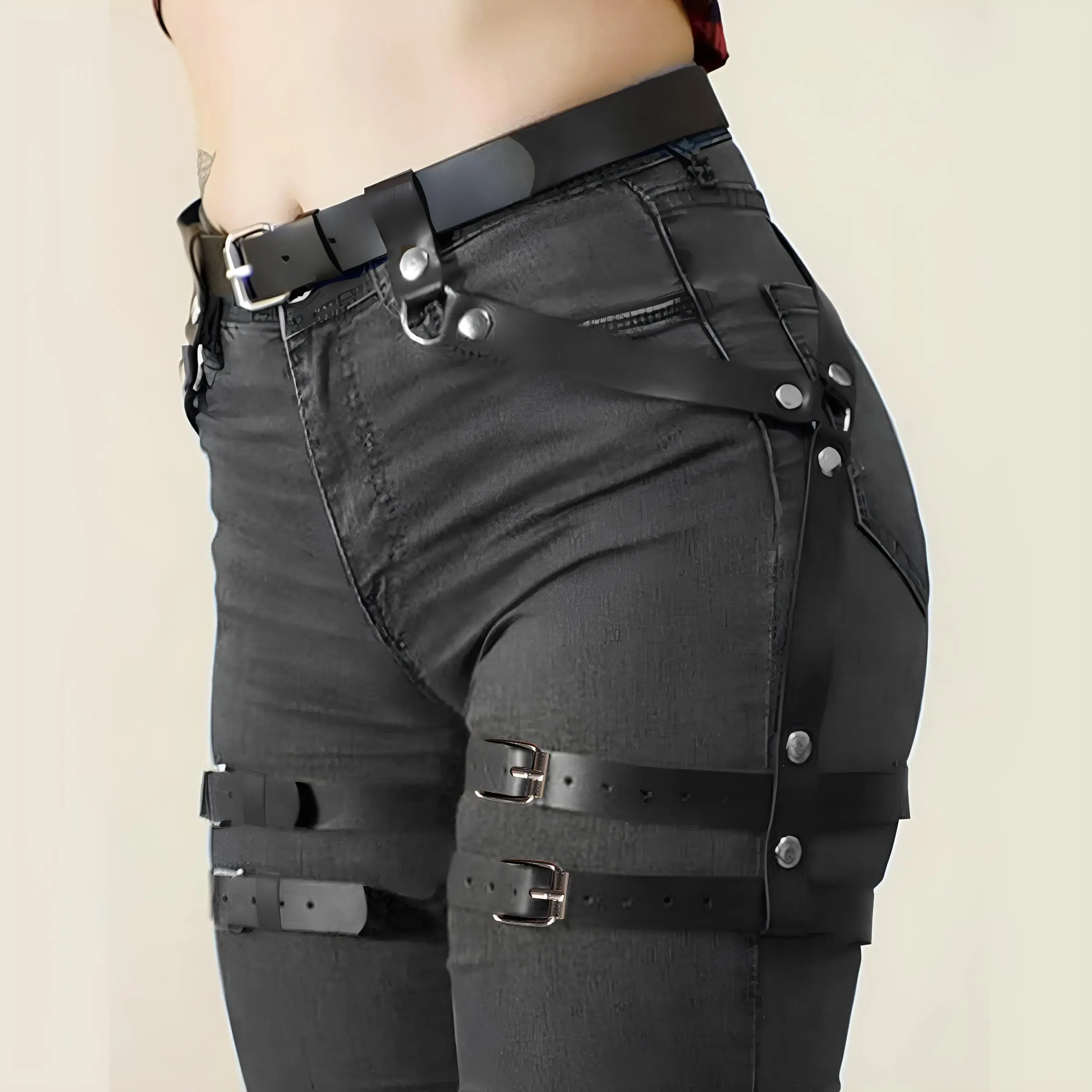 Female Punk Heavy Duty Soft PU Leather Adjustable Alloy Rivet Belt, Goth Outfit Fashion Waist & Thigh Harness Accessory