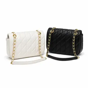 Quilted Shoulder Bag for Women, Padded Flap Purse with Gold-Tone Woven Chain Strap for Everyday and Evening Outfits
