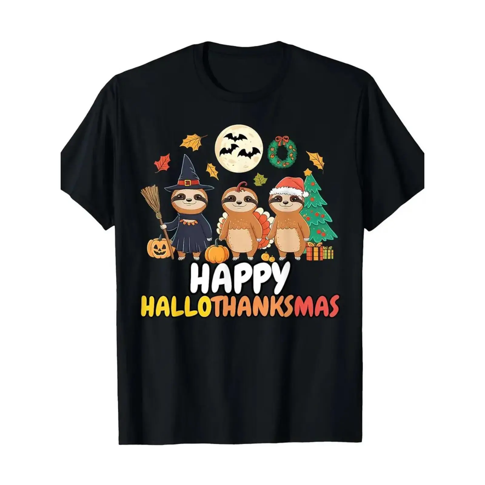 Sloth Thanksgiving Halloween Merry Christmas Halloween Halloween Exquisite Pattern Letter Printed T-shirt, Seasonal Casual Trendy Men’s T-shirt, Round Neck High Street Pure Cotton Short Sleeve T-shirt, Trendy Premium T-shirt
