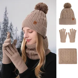 1-Piece Set: Women's Solid Color Knitted Hat, Neck Warmer & Gloves with Fleece Lining, Suitable for Outdoor, Street & Daily Occasions