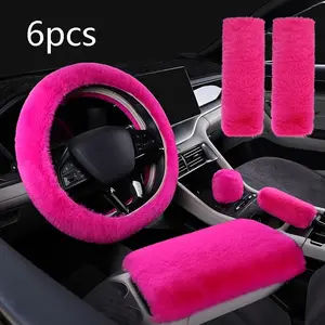 6pcs Luxury Winter Fashion Steering Wheel Cover Set, Soft Plush Warm Handbrake Covers, Universal Fit for Cars Suvs, Perfect Christmas Gift, Car Interior Set